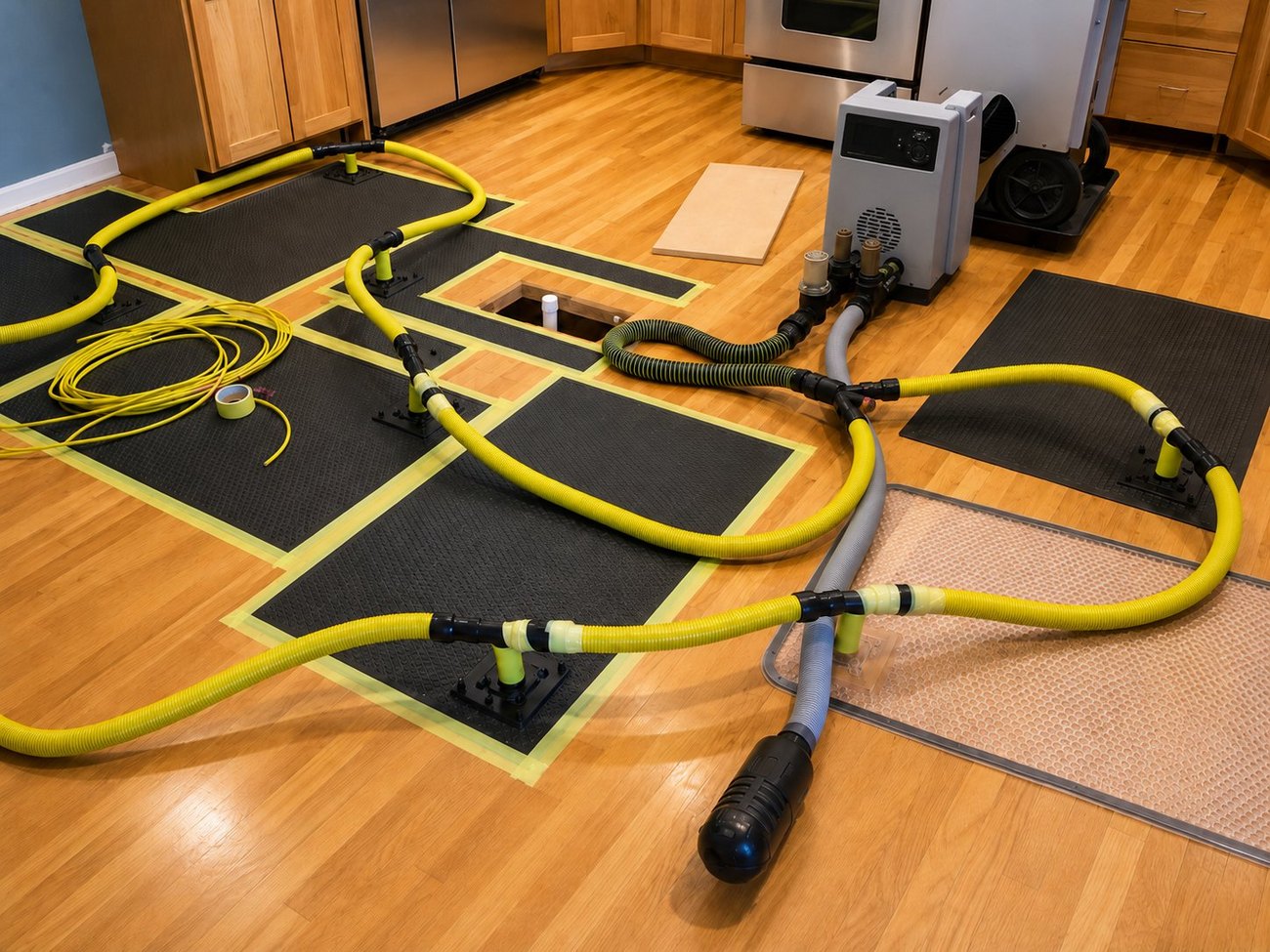 Structural drying equipment running after water damage in Queens