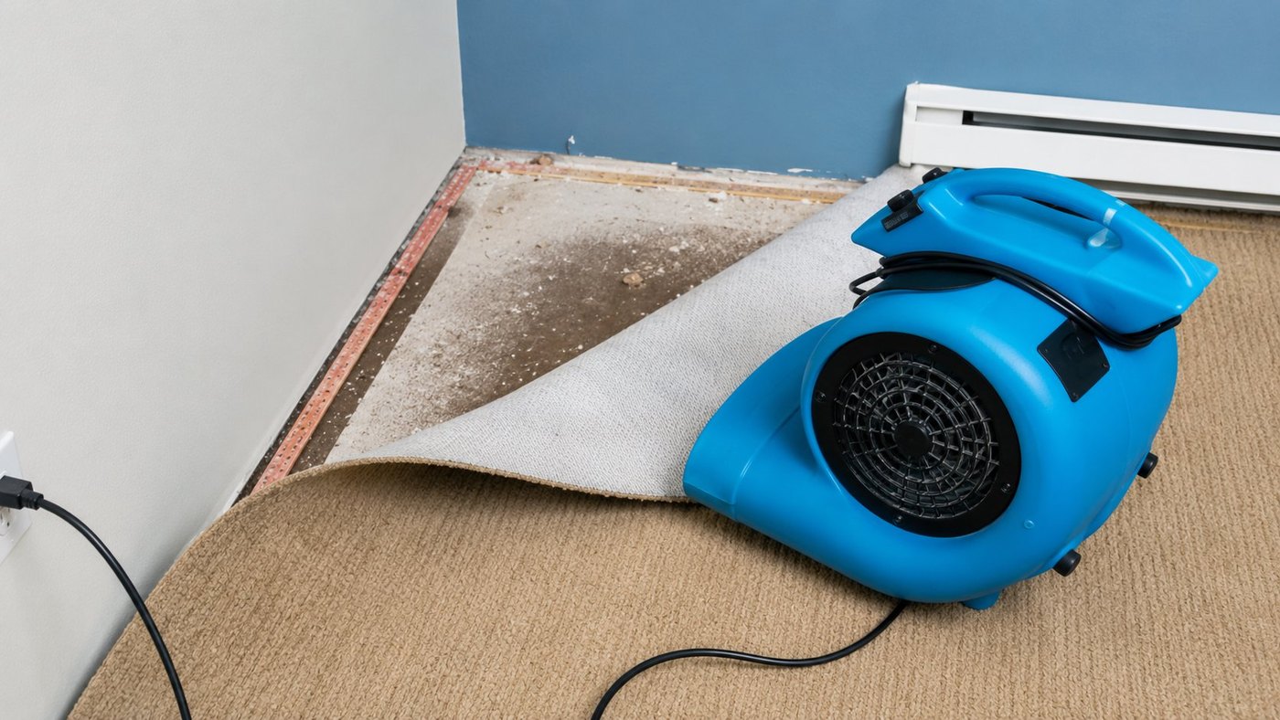 Water extraction with an air mover on lifted carpet in Flushing