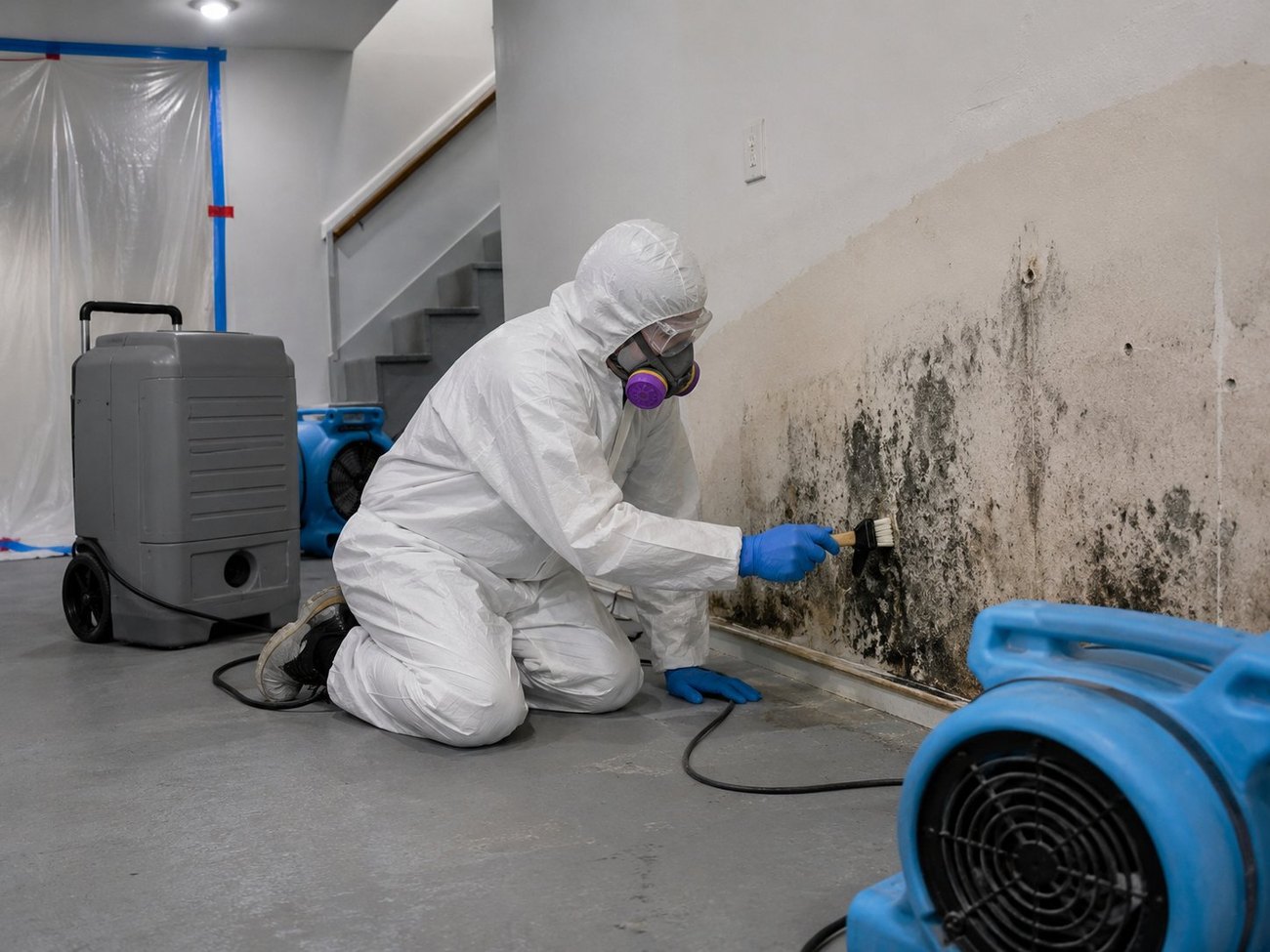 Technician treating mold after water damage in a Flushing basement